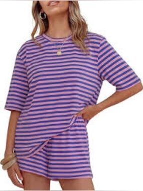 Striped Pink and Purple Casual Tee & Short Set